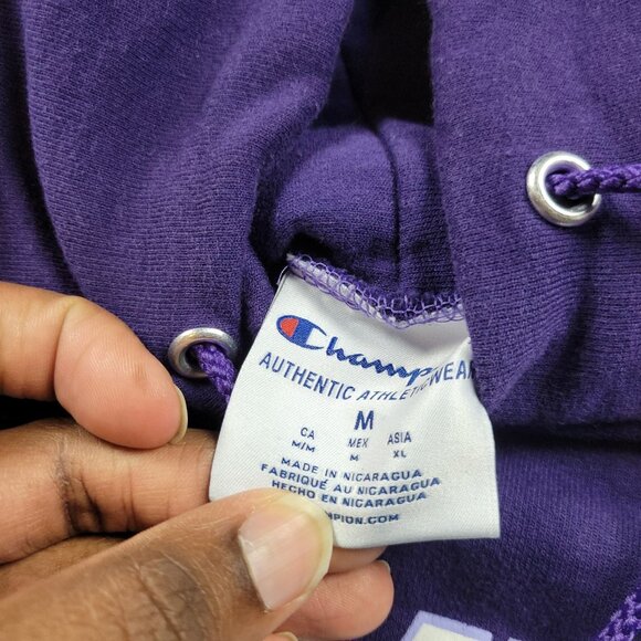 Champion Hoodie Men’s Medium Purple Spellout Logo Graphic Drawstring Pullover - Picture 2 of 7